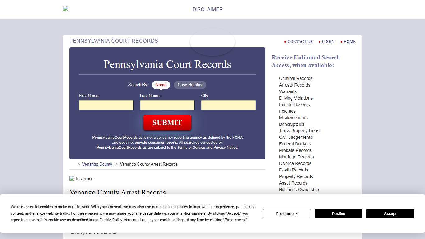 Venango County Arrest Records PennsylvaniaCourtRecords.us