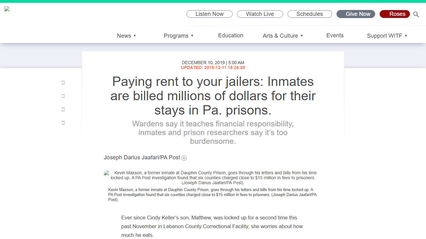 Paying rent to your jailers: Inmates are billed millions of dollars for their stays in Pa. prisons. WITF
